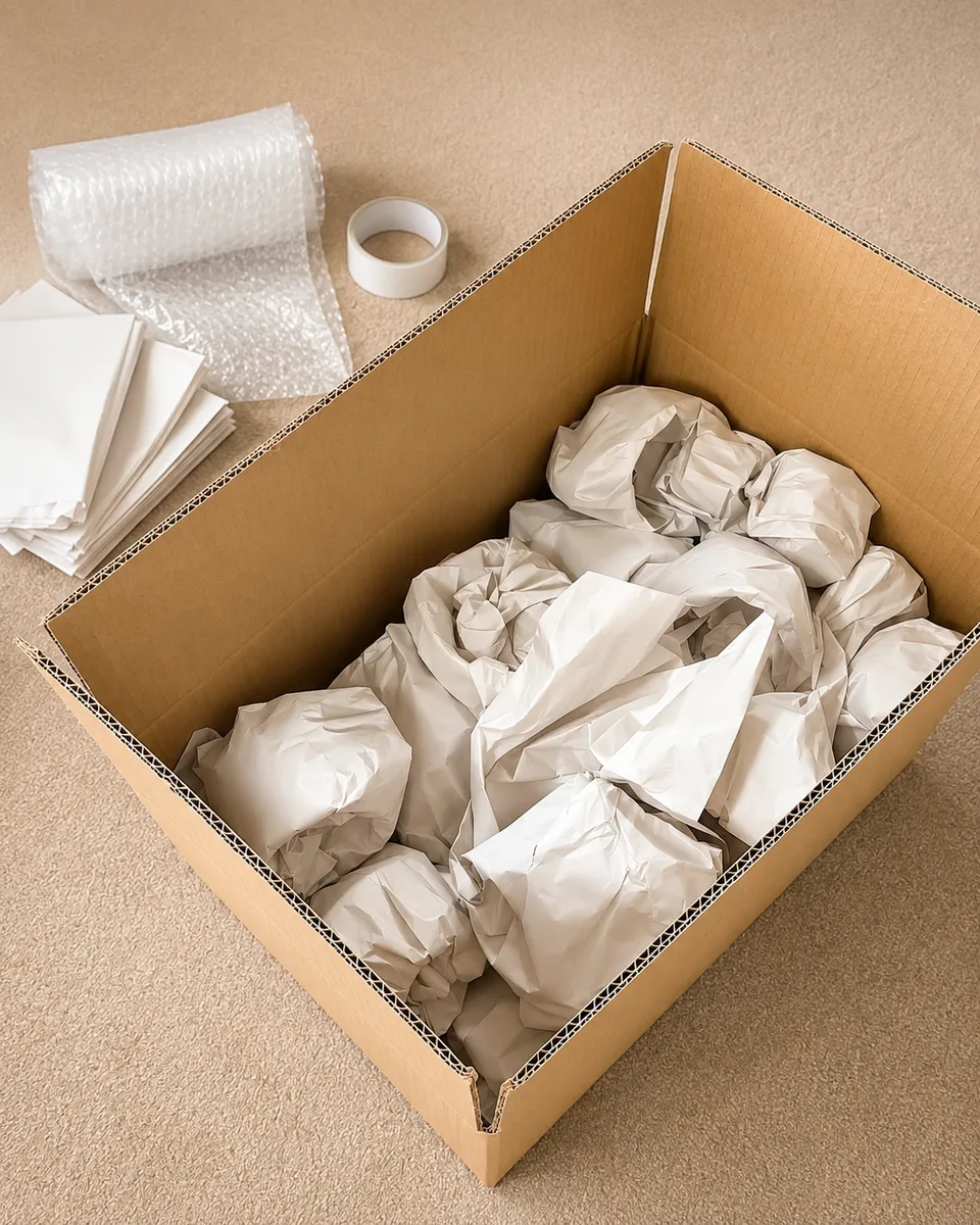 Moving box packed with kitchen glasses wrapped in protective paper by Leaways Removals