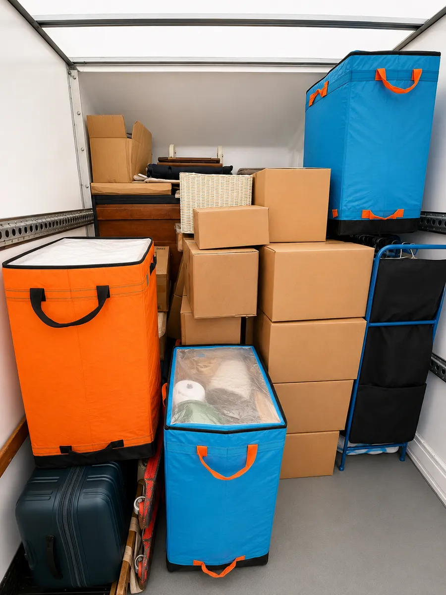 Moving boxes, storage bags and a suitcase stacked neatly in a Leaways Removals van