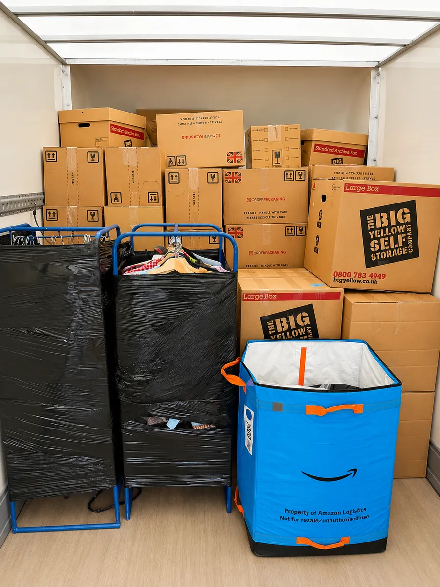 Wrapped clothes hanger frames and stacked moving boxes loaded in a Leaways Removals van