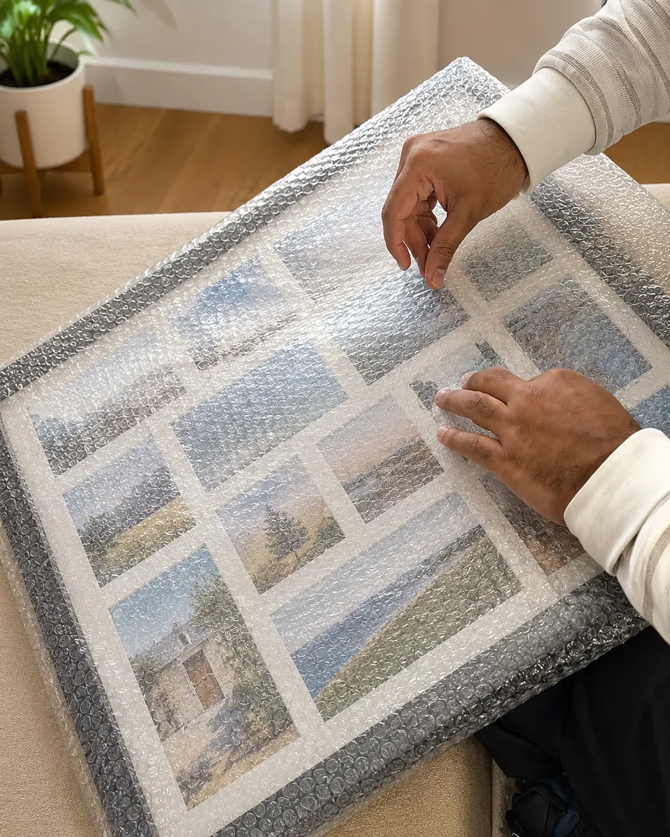 Leaways crew member bubble wrapping a framed picture during a home move
