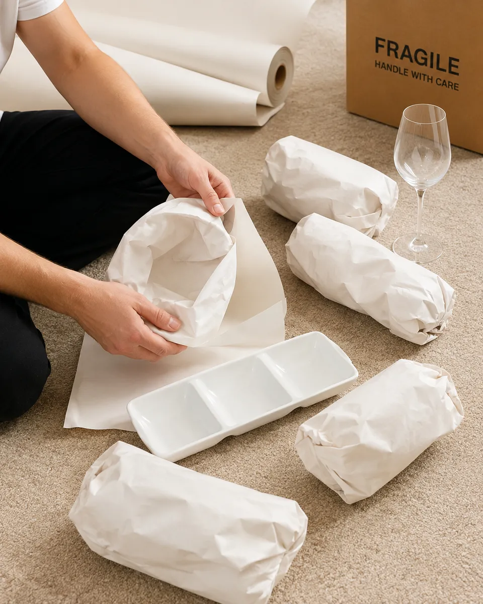 Leaways crew member wrapping kitchen glasses and dishes in paper next to a fragile box