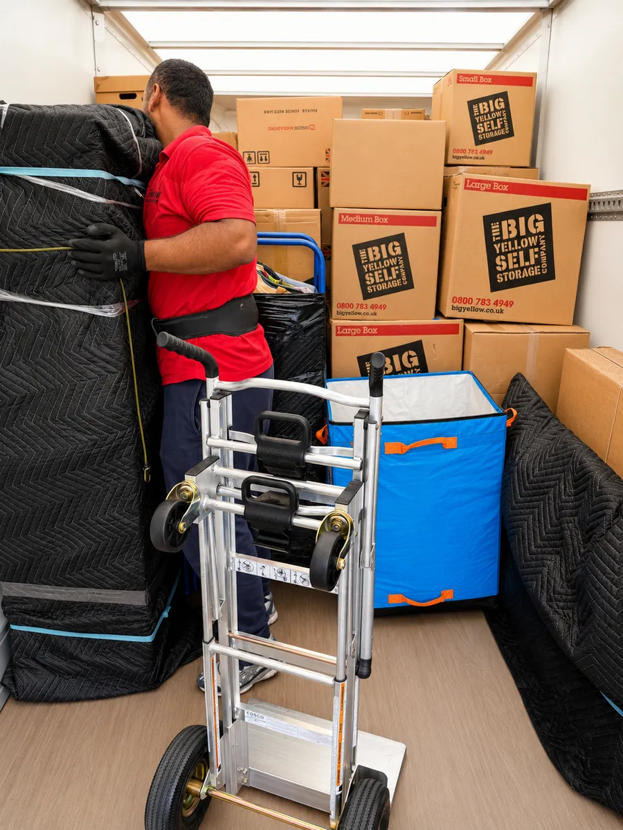 Leaways crew member strapping down protected furniture next to stacked boxes in the van