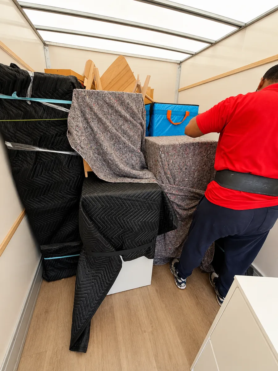 Leaways Removals crew member securing blanket-wrapped furniture inside the moving van