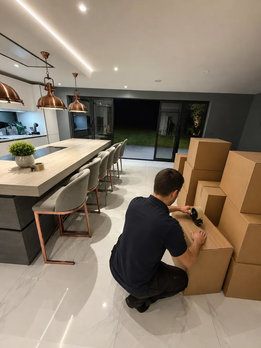 Leaways Removals crew member taping packed moving boxes in a client's kitchen