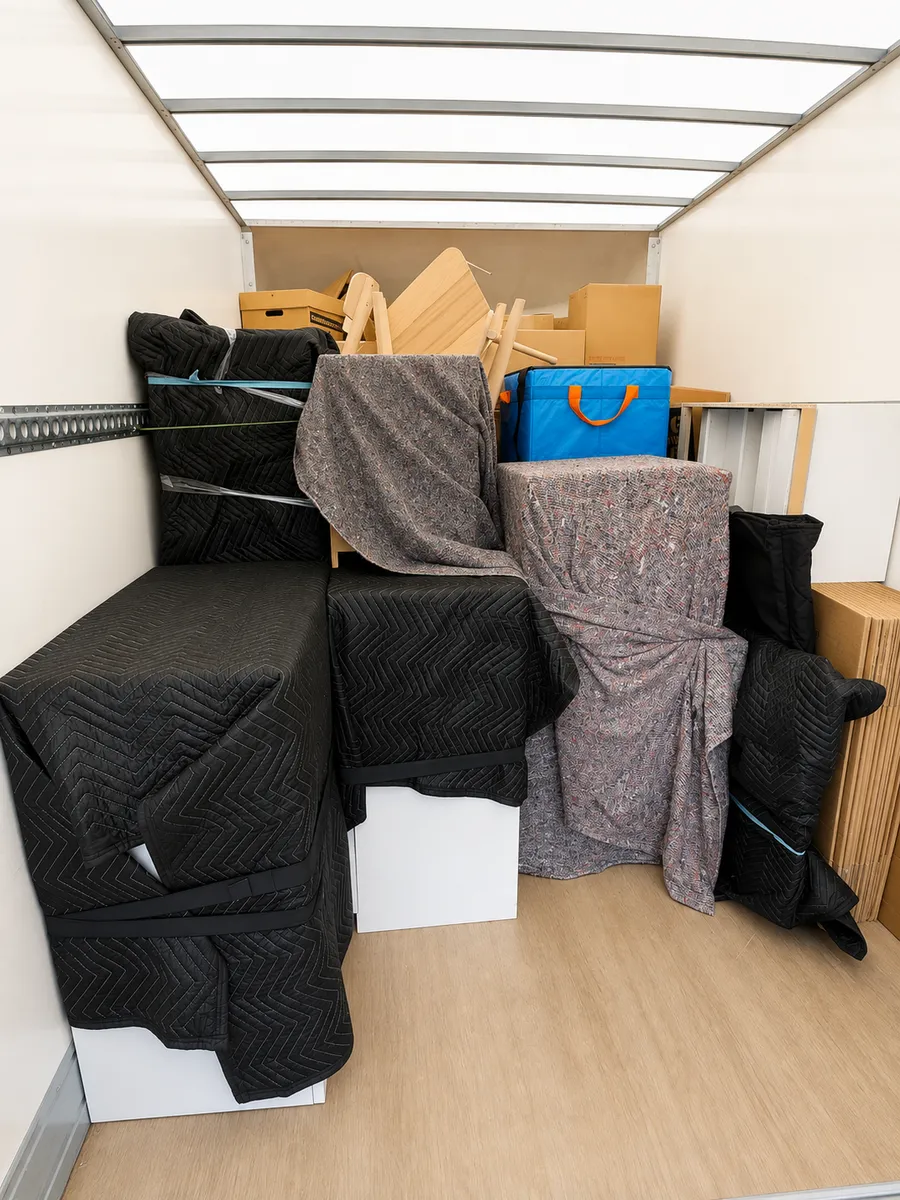 Furniture fully wrapped, loaded and secured for transport in a Leaways Removals van