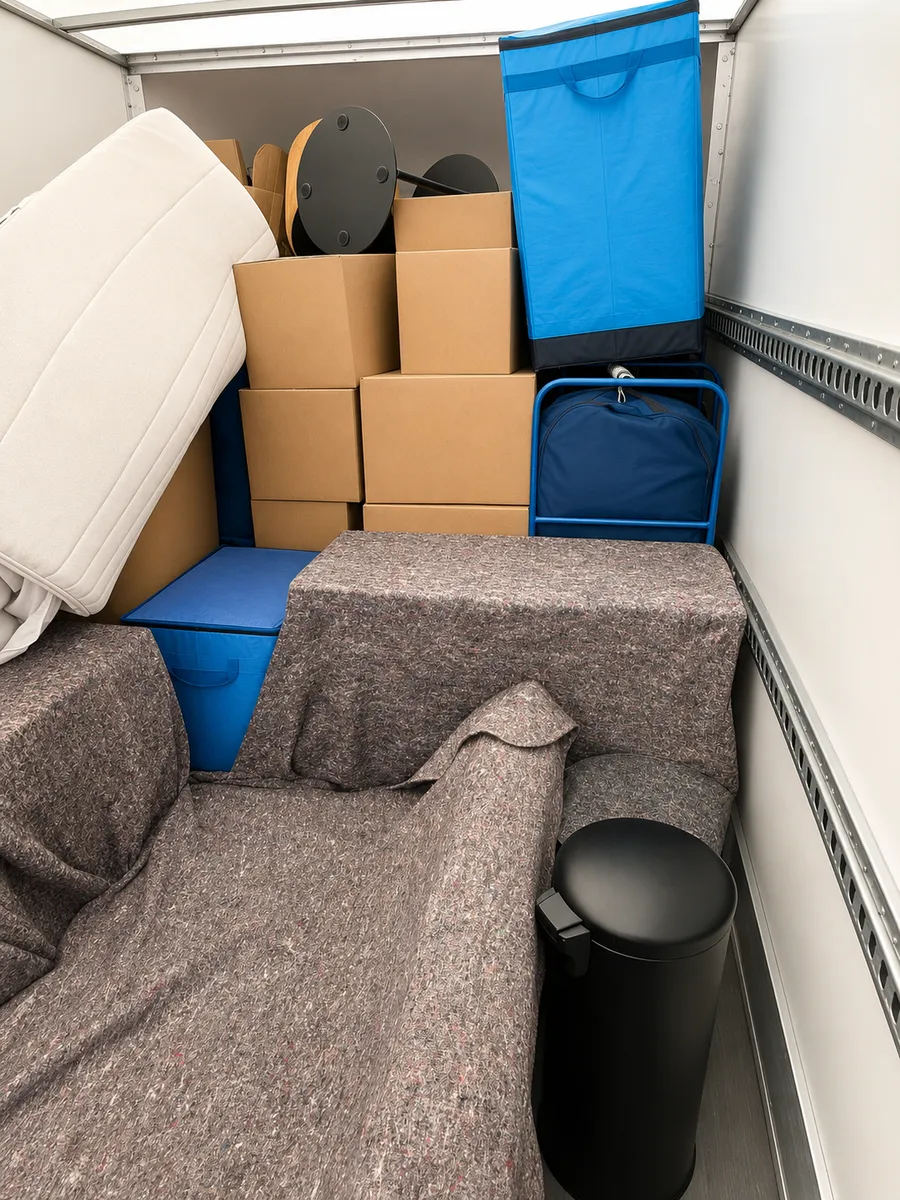 Furniture and piano wrapped in transit blankets and secured in a Leaways Removals van