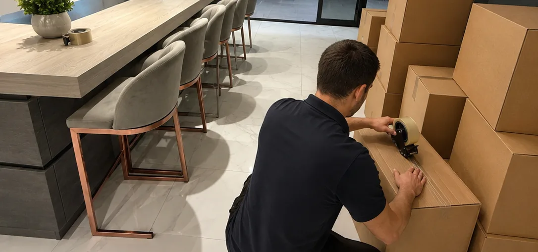 Leaways Removals crew member taping packed moving boxes in a client's kitchen