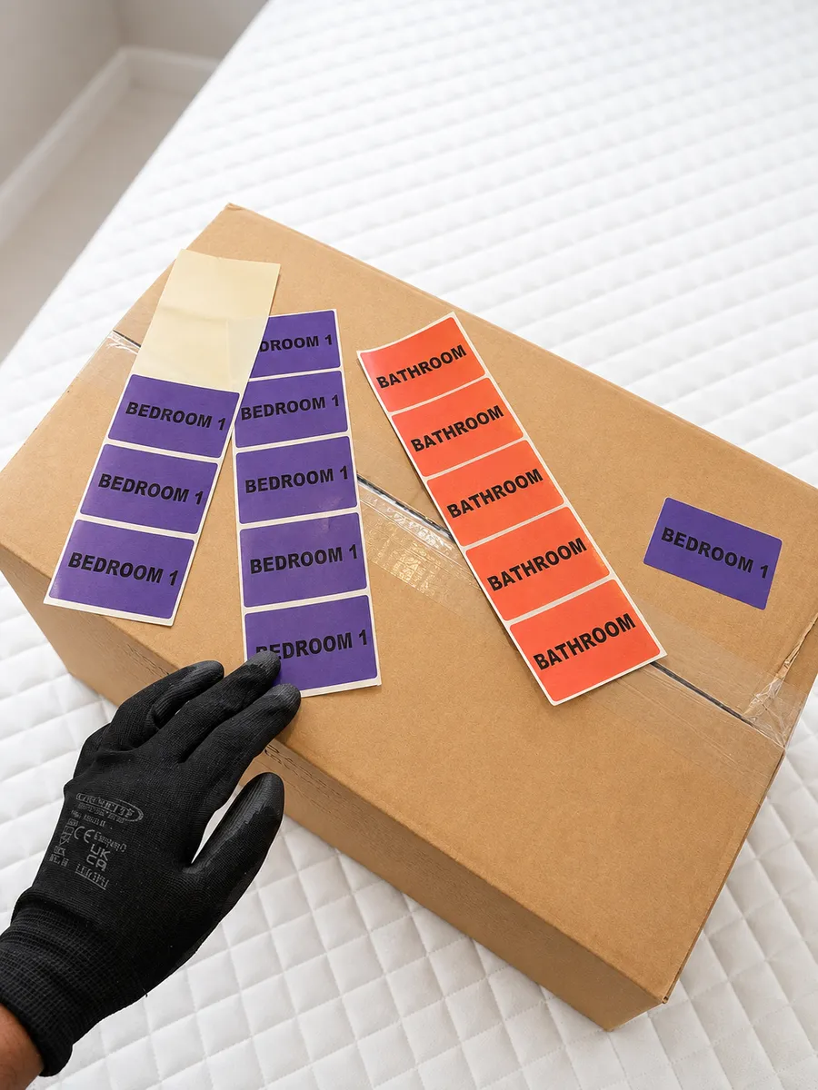 Packed moving boxes being tagged with coloured room stickers by Leaways Removals