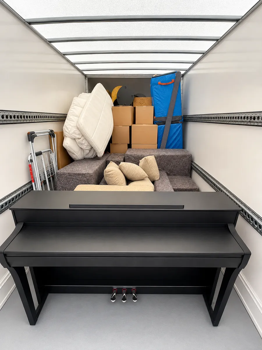 Digital piano loaded carefully in a Leaways Removals van with padded furniture and boxes behind