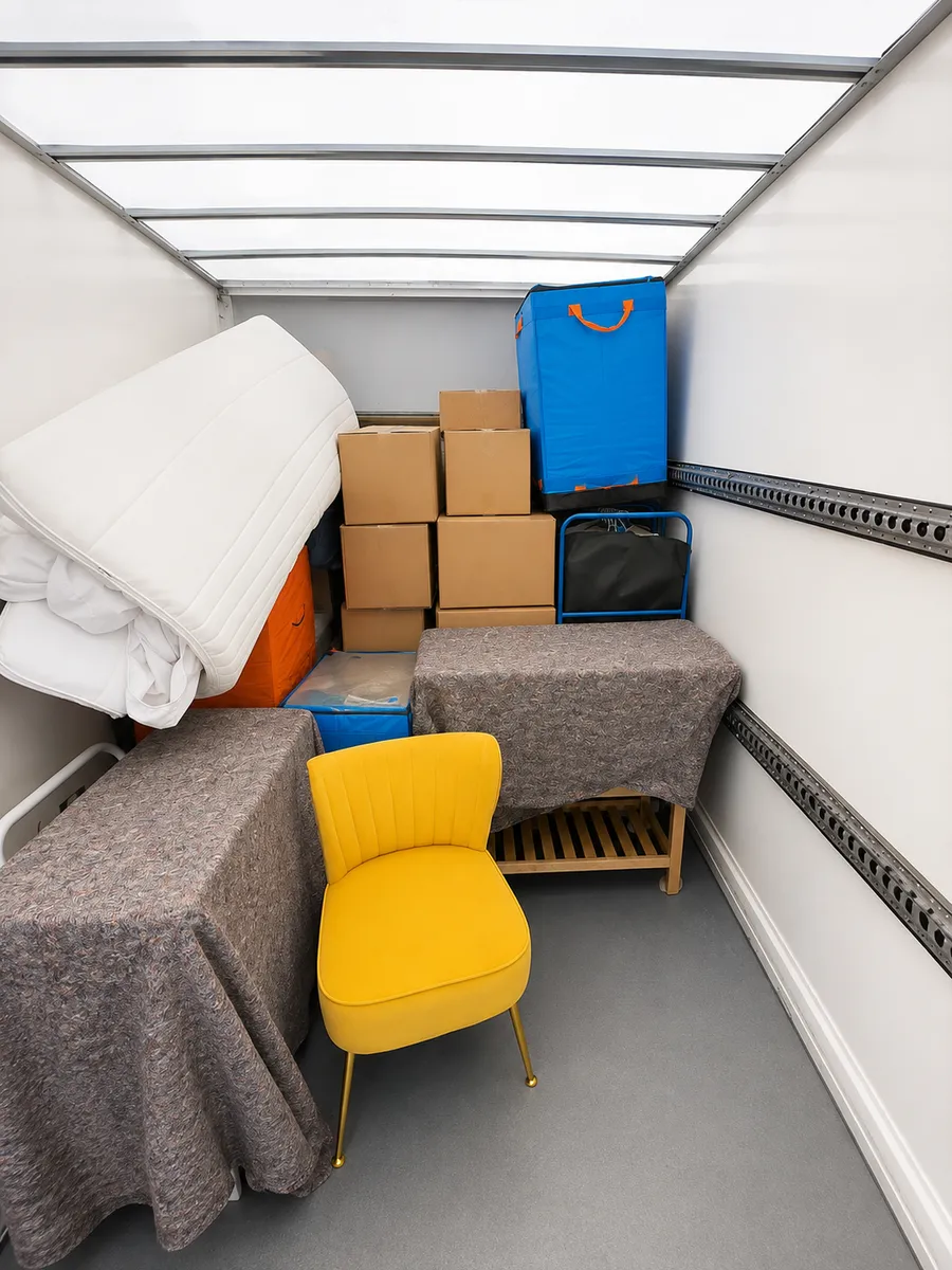 Fully loaded Leaways Removals van with furniture and boxes packed and secured for transport