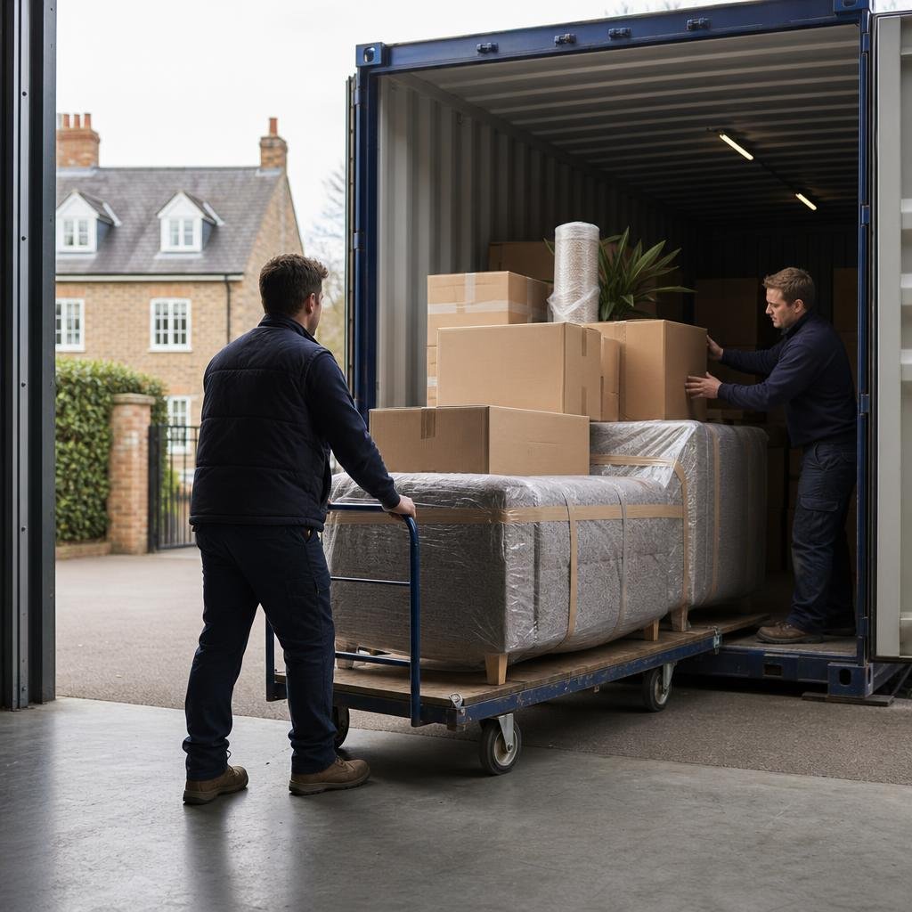 Household belongings being moved into storage during a chain-break relocation.