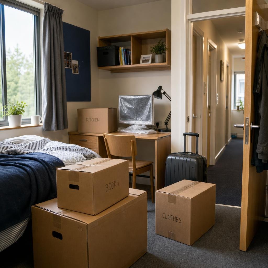 Student belongings packed for a move between halls, private let or summer storage.